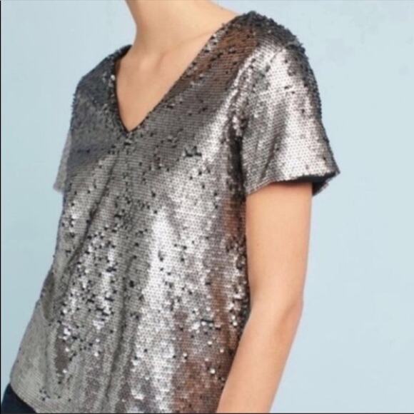 Anthropologie Vanessa Virginia V-neck Shiny Silver Metallic Sequin Top Size S - Picture 1 of 11